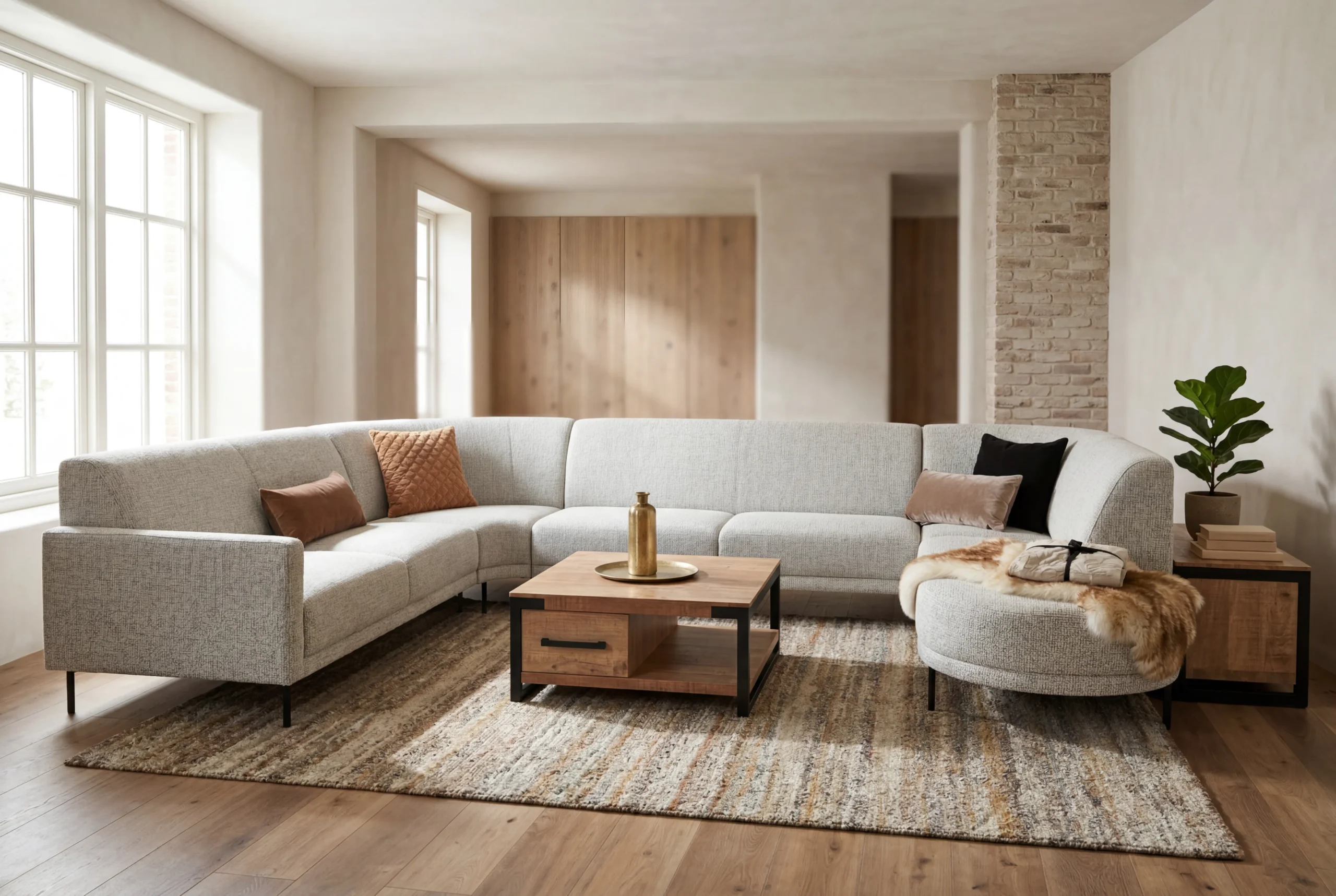 Grijze organische U-bank in geweven stof met een industriële houten salontafel en een gestreept vloerkleed in een lichte woonkamer - Hét Wooncentrum