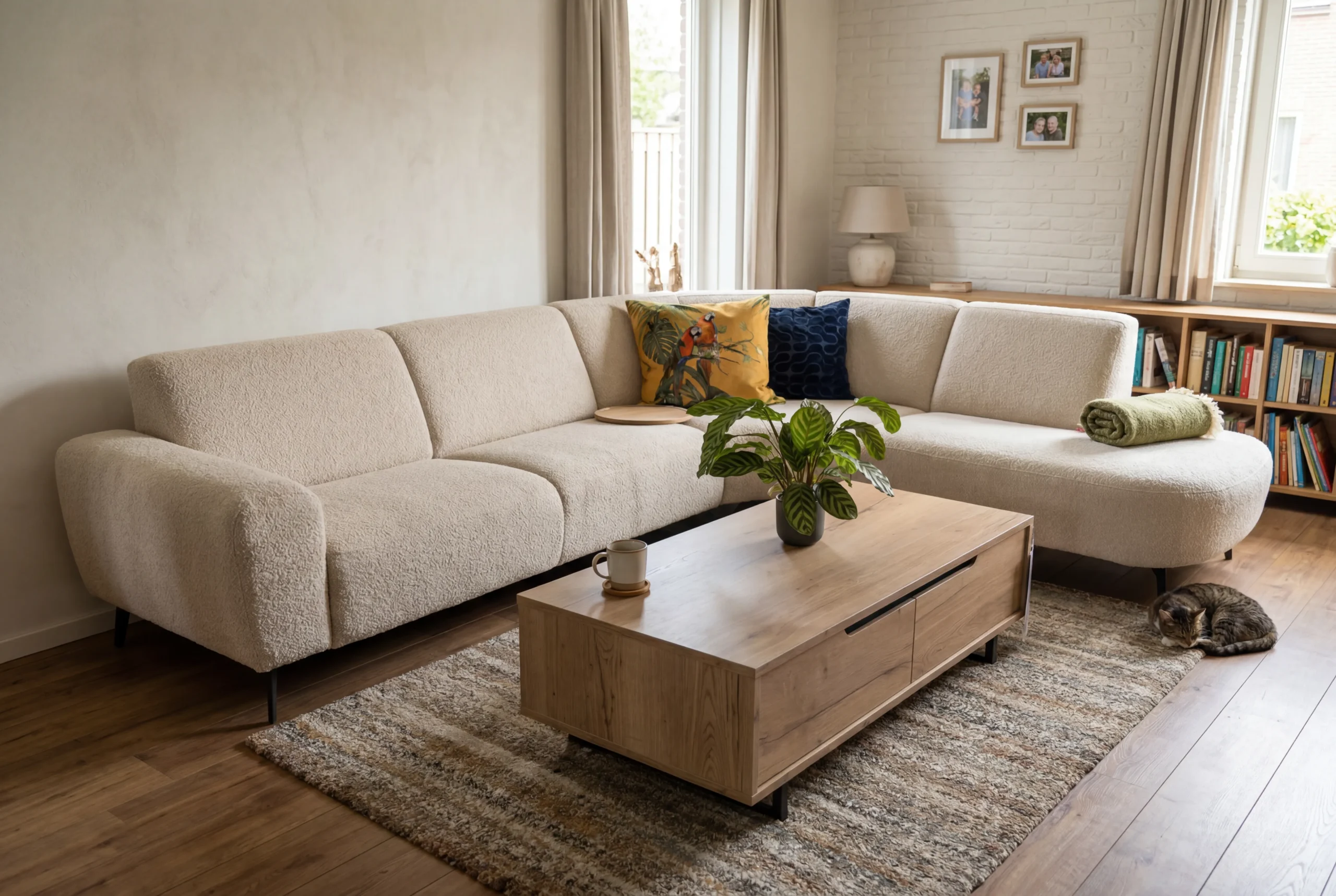 Lichte bouclé hoekbank met organische chaise longue, een houten salontafel en sfeervolle woonaccessoires in een modern interieur - Hét Wooncentrum