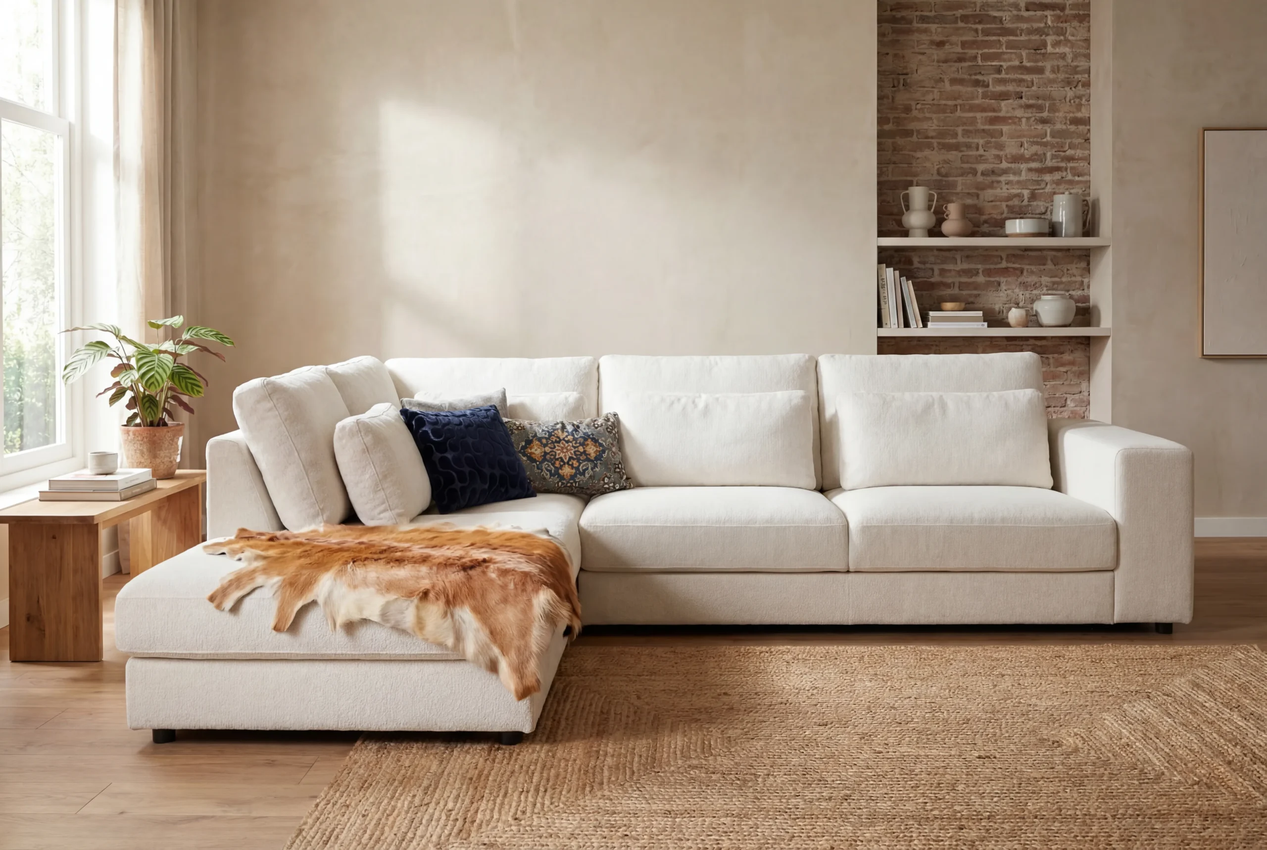 Lichte moderne hoekbank met chaise longue in een beige geweven stof, gedecoreerd met blauwe sierkussens en een schapenvacht in een sfeervol interieur - Hét Wooncentrum
