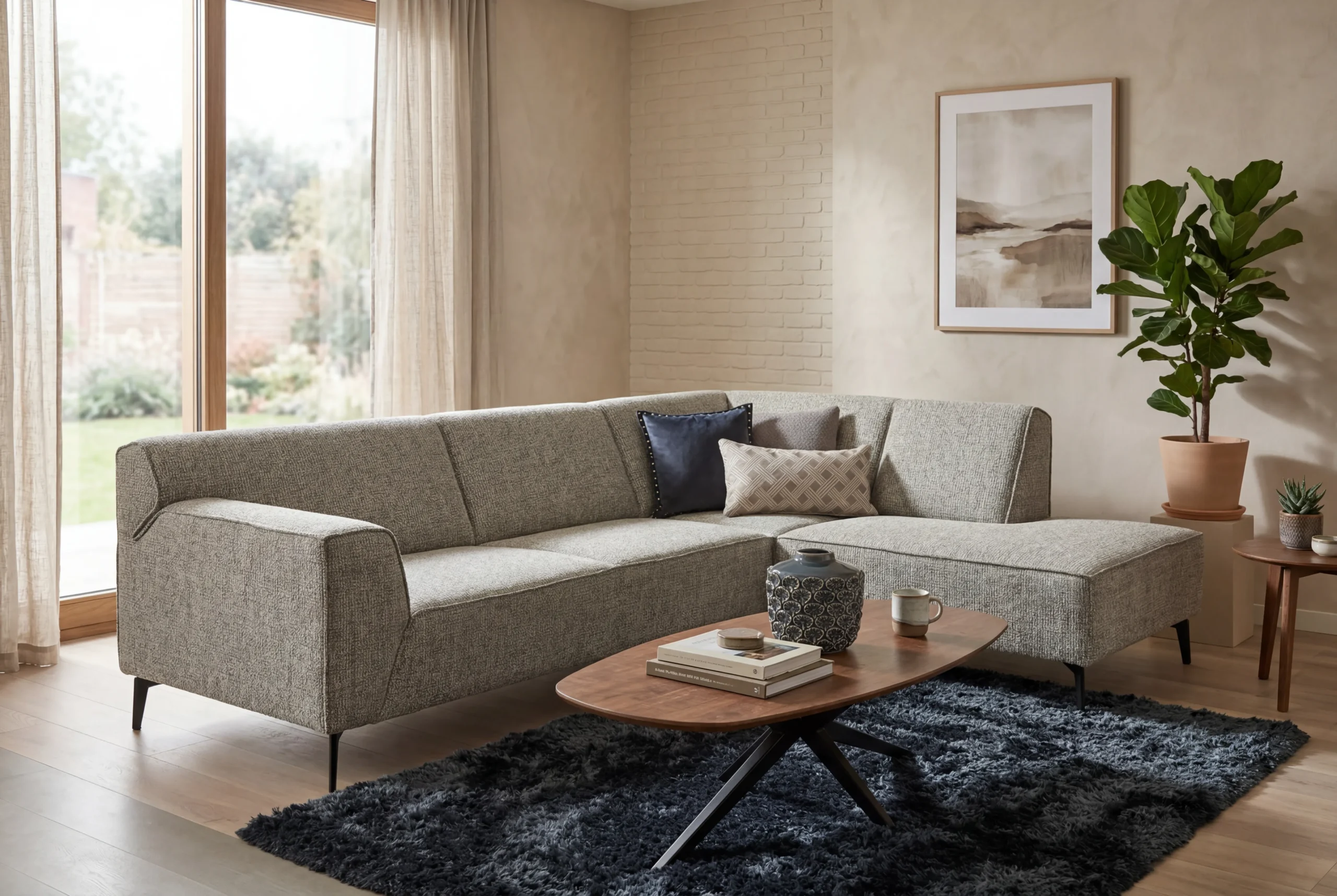 Grijze gemêleerde hoekbank met chaise longue op slanke zwarte pootjes, een houten ovale salontafel en een donkerblauw hoogpolig vloerkleed in een modern interieur - Hét Wooncentrum