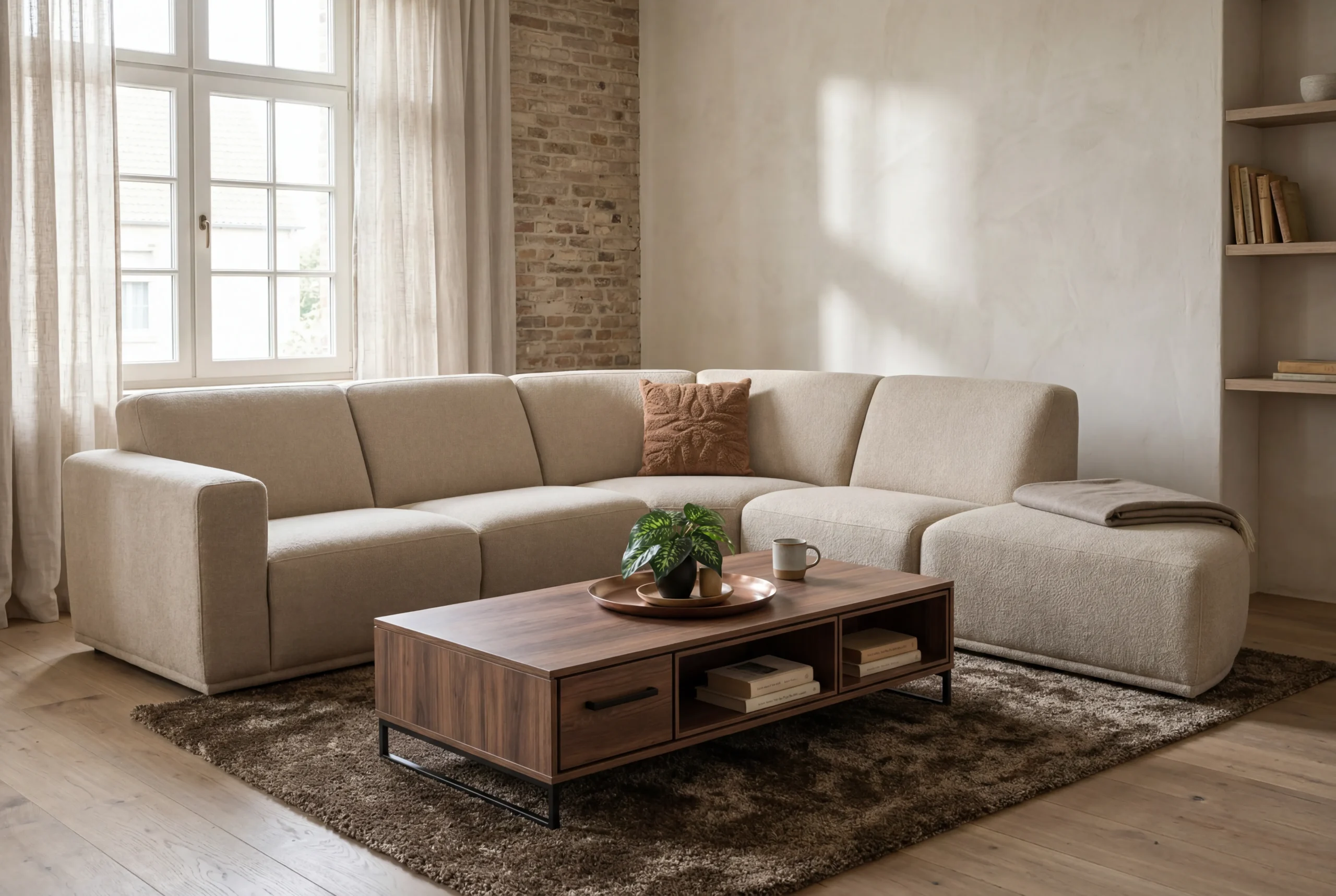 Beige modulaire hoekbank in geweven stof met een walnoothouten salontafel en een bruin hoogpolig vloerkleed in een rustiek modern interieur - Hét Wooncentrum