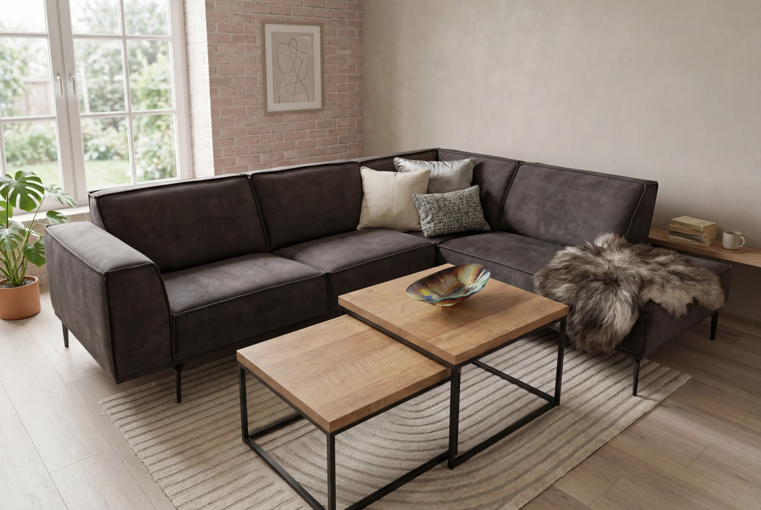 Donkergrijze hoekbank in suède-look met industriële houten salontafels en een gestreept vloerkleed in een modern interieur - Hét Wooncentrum