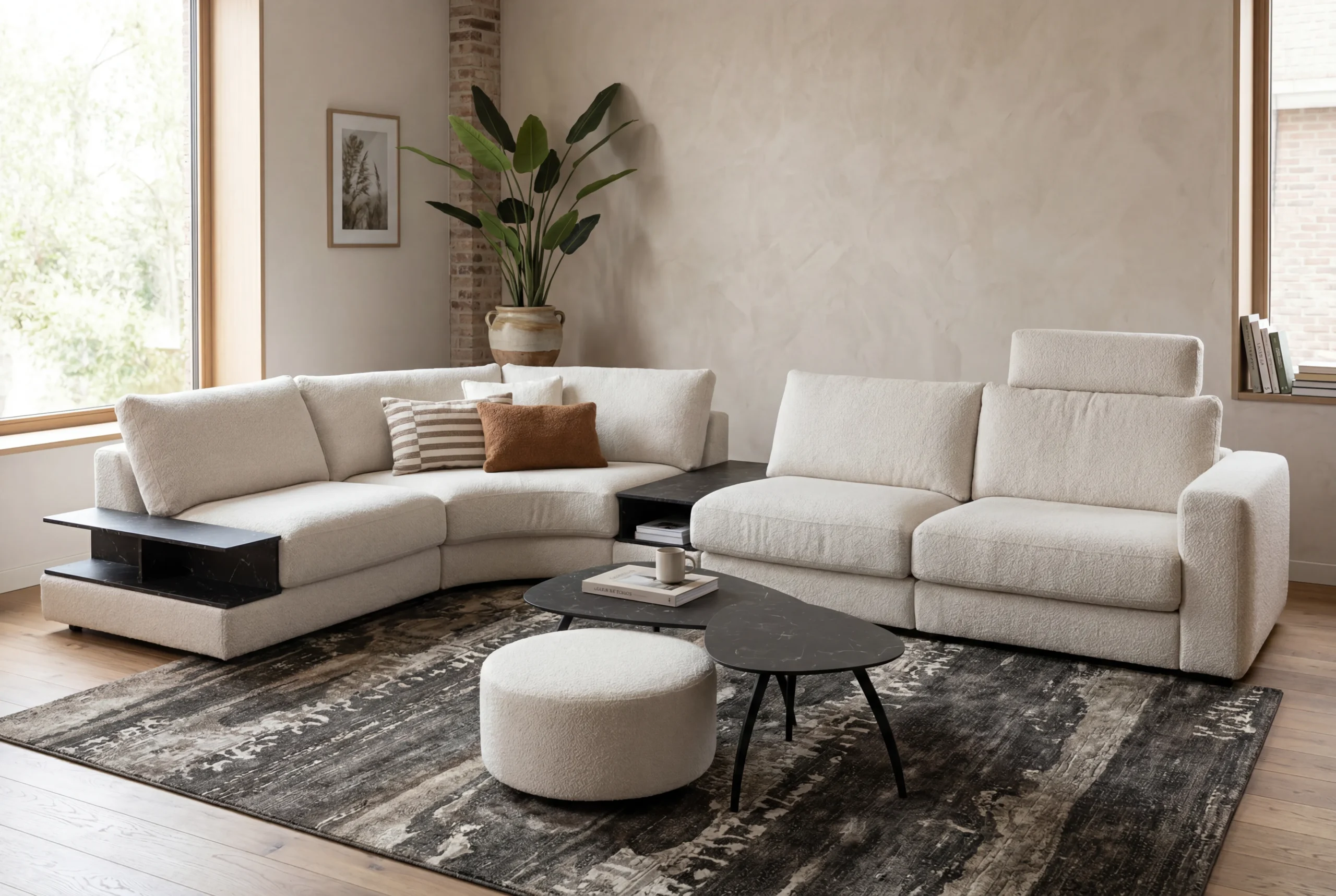 Luxe beige bouclé hoekbank met zwarte marmeren accenttafels, organische salontafels en een rond vloerkleed in een modern interieur - Hét Wooncentrum