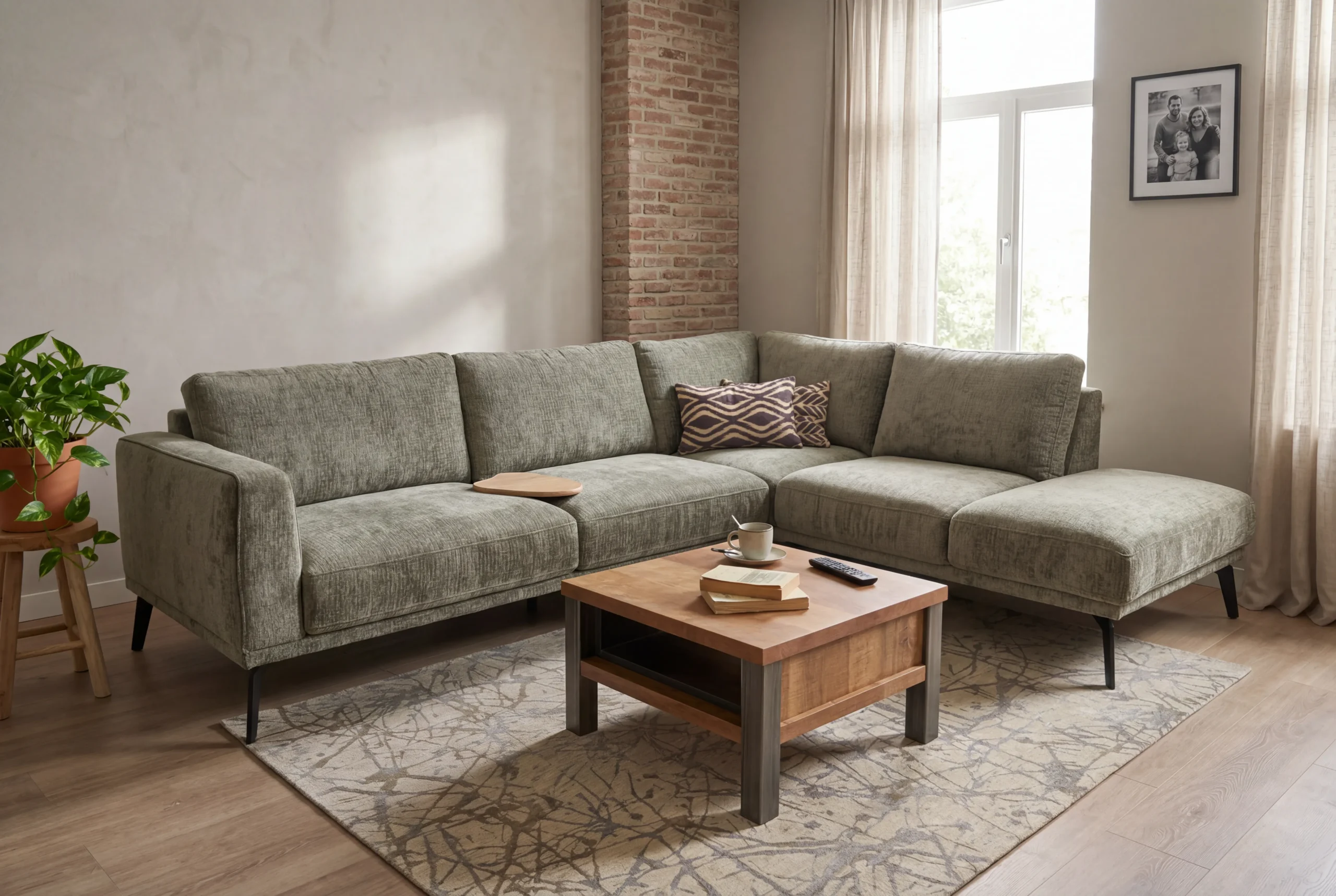 Olijfgroene hoekbank in geweven stof met een robuuste houten salontafel en een abstract vloerkleed in een modern interieur met bakstenen muur - Hét Wooncentrum
