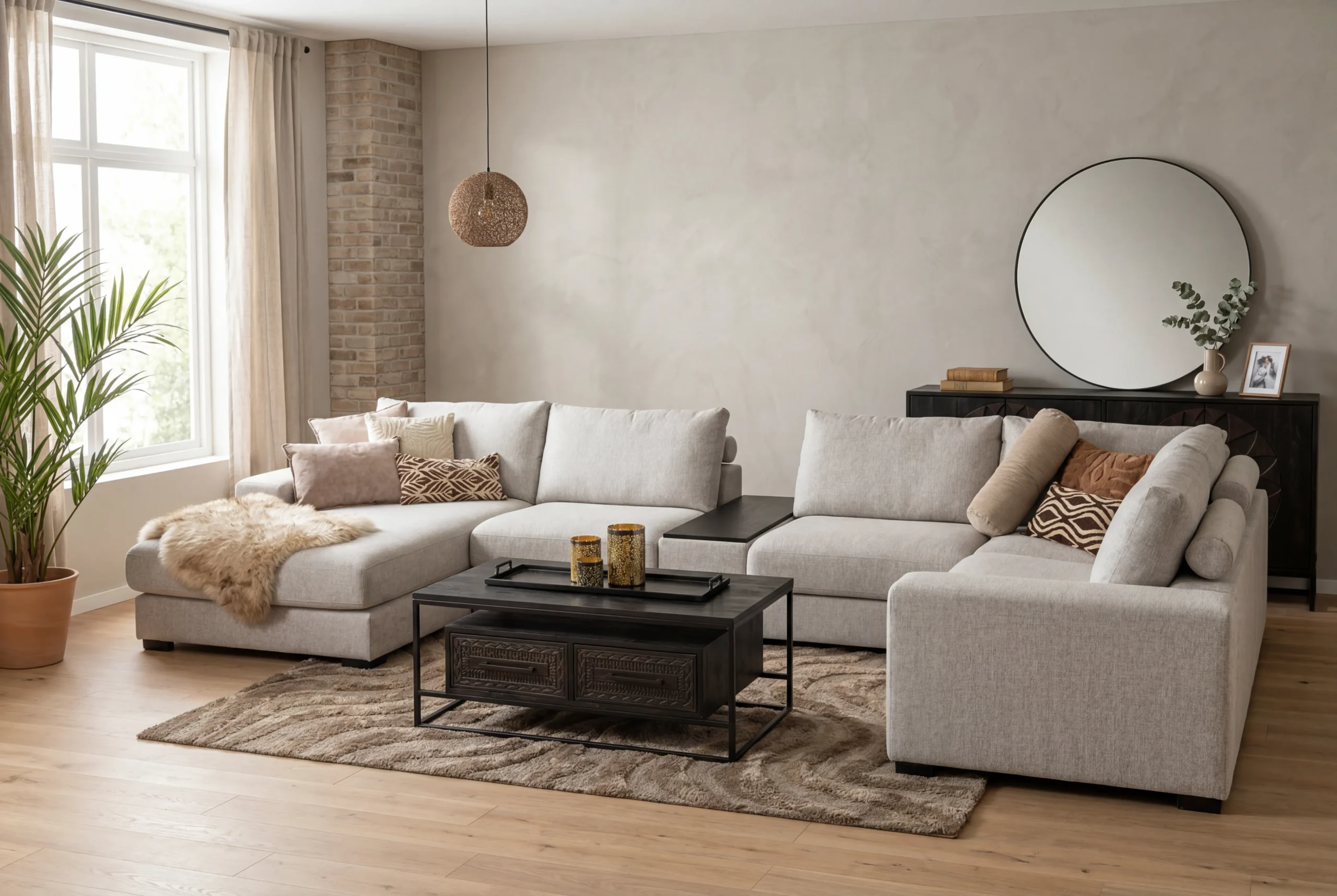 Luxe lichtgrijze U-bank met zwarte tussentafel, een industriële zwarte salontafel en een grote ronde spiegel in een modern interieur - Hét Wooncentrum