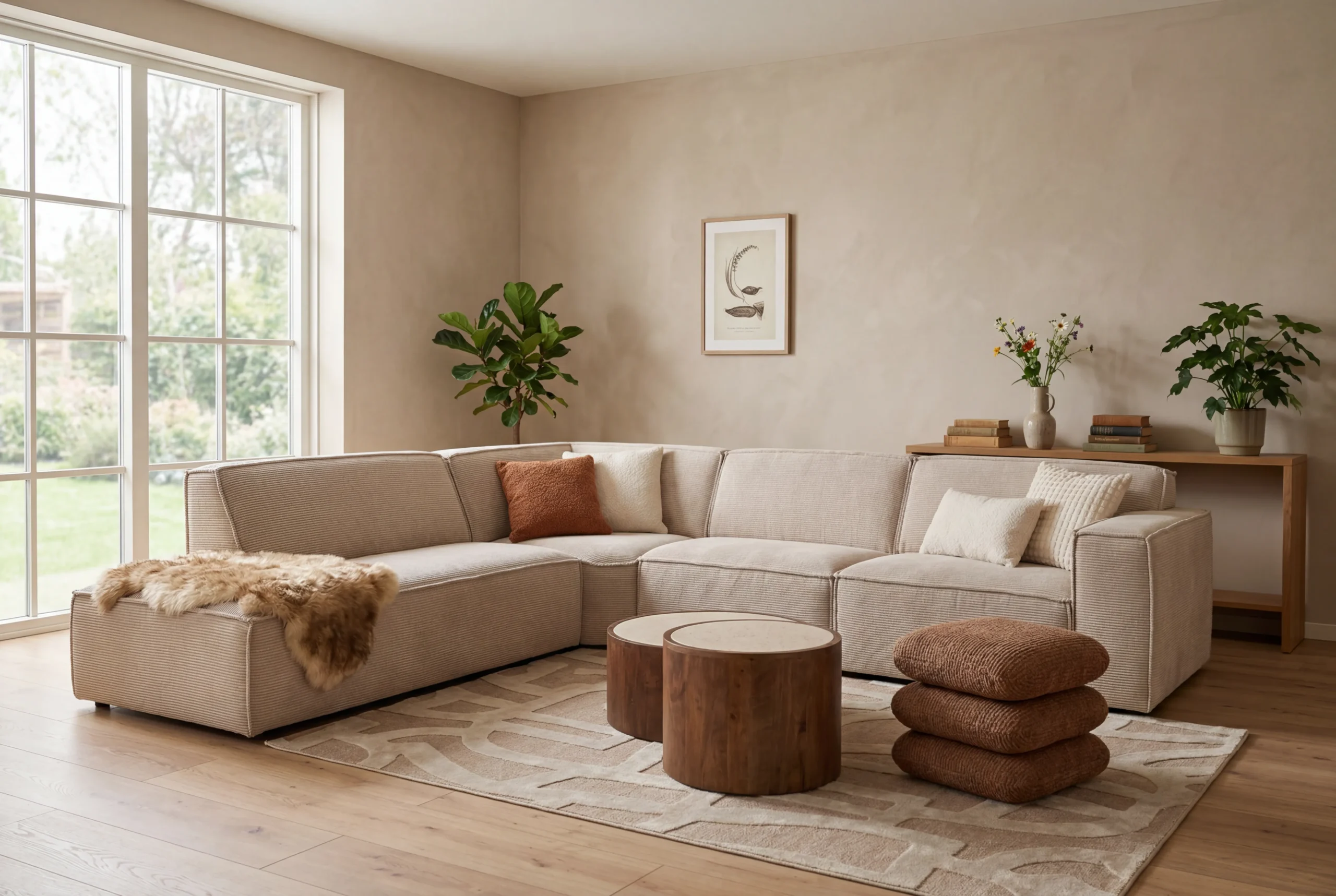 Beige ribstof modulaire hoekbank met houten salontafels en sfeervolle styling in een lichte woonkamer - Hét Wooncentrum