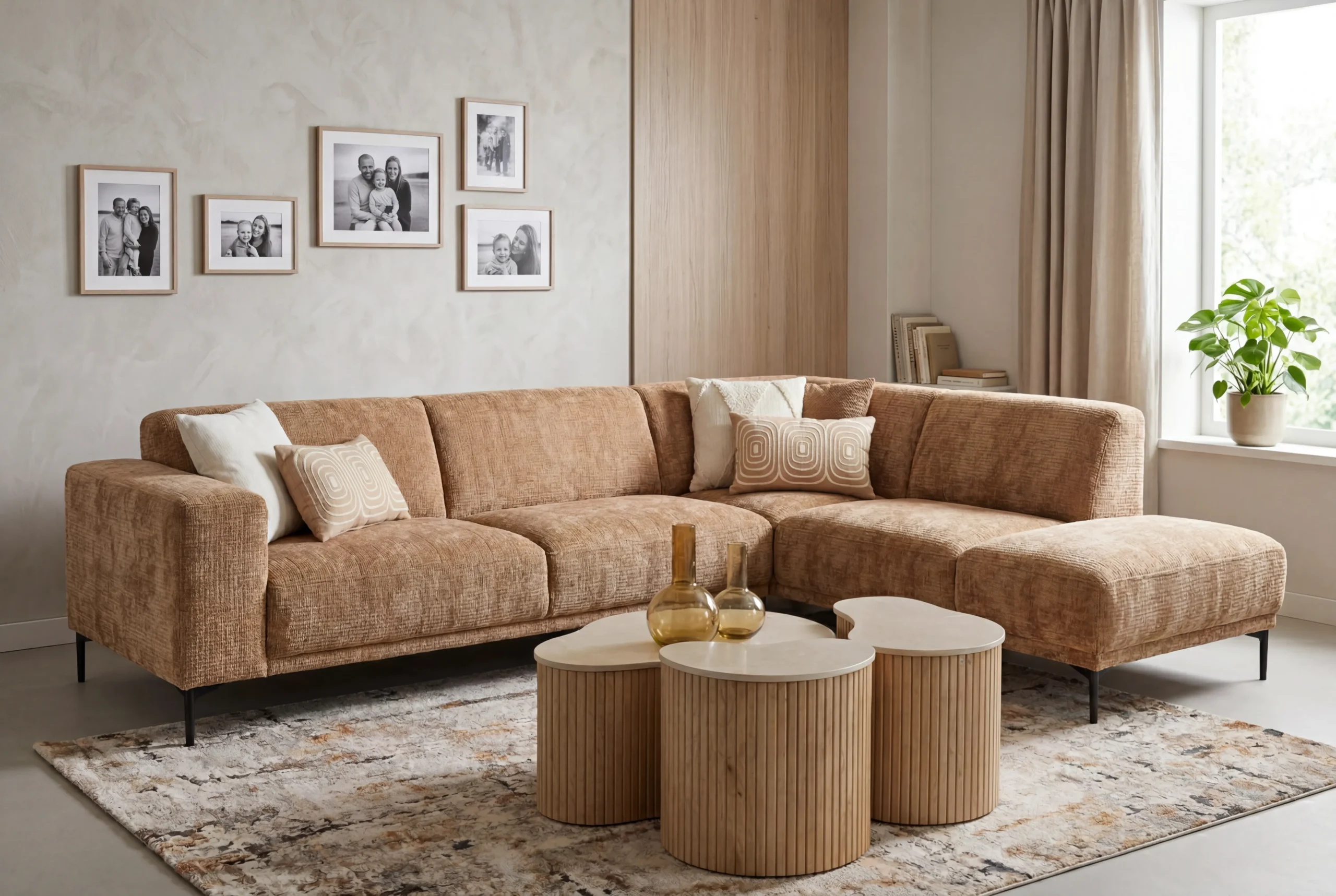 Cognackleurige modulaire hoekbank in een zachte structuurstof met drie organische houten salontafels en een sfeervol gemêleerd vloerkleed in een modern interieur - Hét Wooncentrum