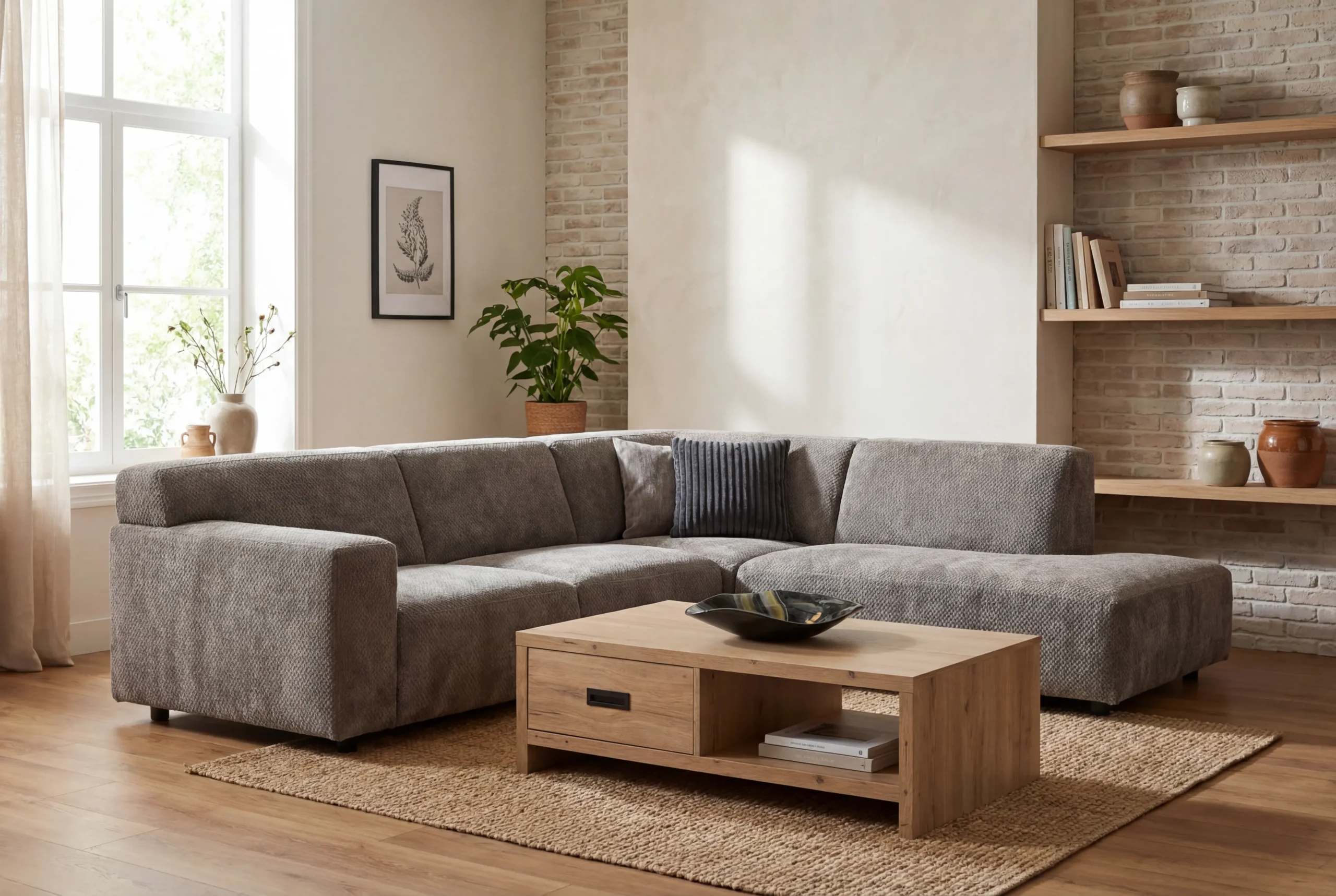Grijze modulaire hoekbank in geweven stof met een eikenhouten salontafel en bijpassende wandplanken in een natuurlijk interieur - Hét Wooncentrum