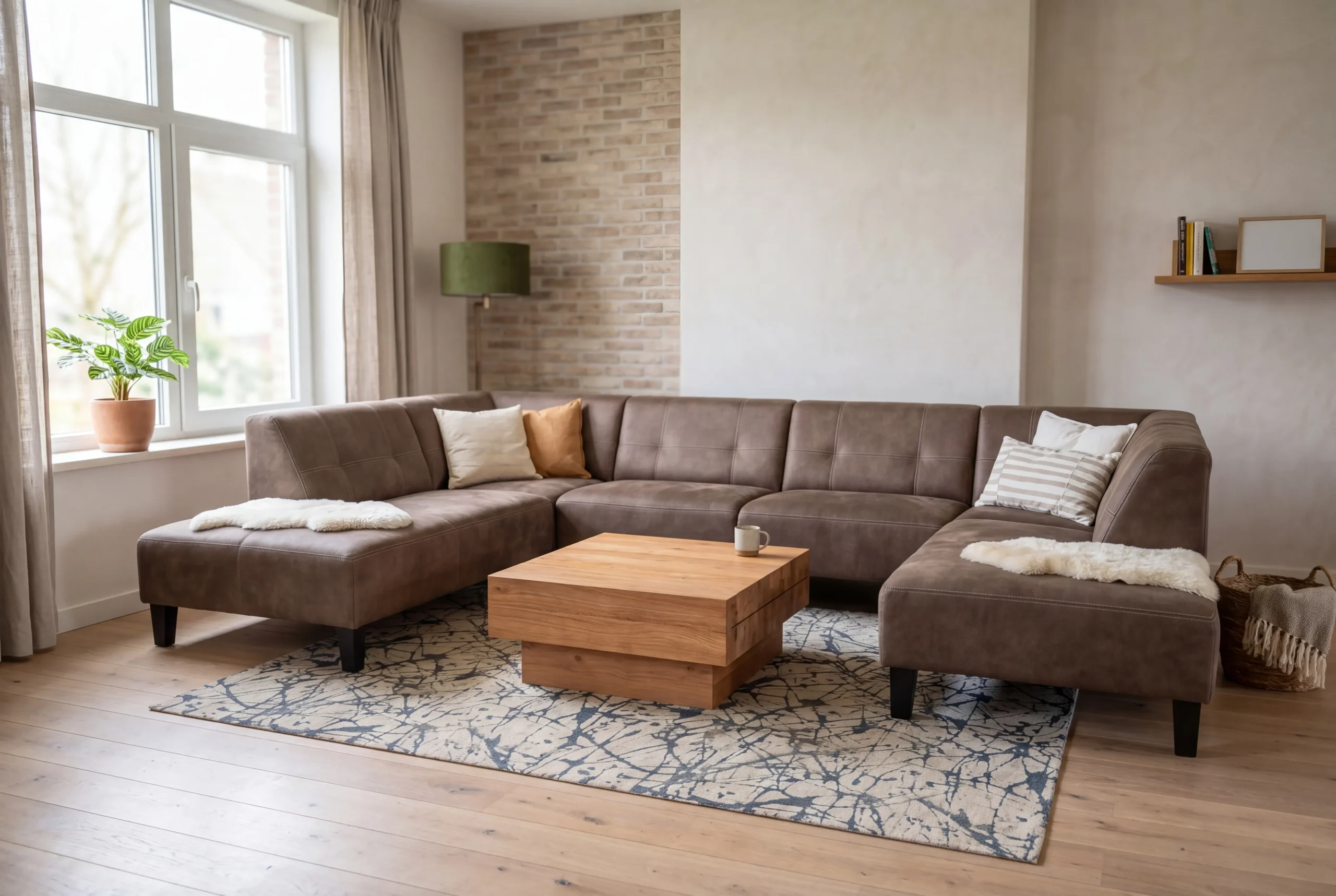 Bruine lederlook U-bank met houten bloksalontafel en een abstract vloerkleed in een ruimtelijke woonkamer - Hét Wooncentrum